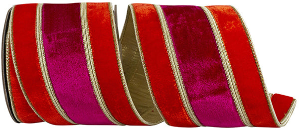 4"x5YDS Plush Berry Overlay Velvet Ribbon | Gold Metallic Backed Wired Edge