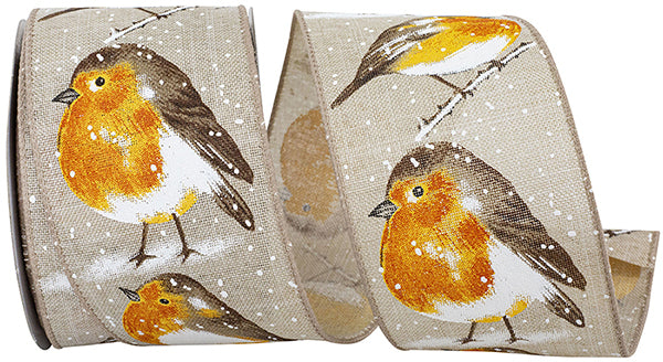 2.5"x10YDS Bird Perched & Snow Tonal Linen Ribbon