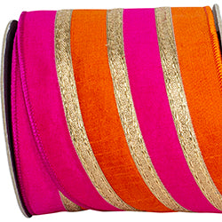 4" x 5 YDS Stripe Trimming Overlay Dupioni Deluxe Wired Edge Ribbon | Orange & Fuchsia
