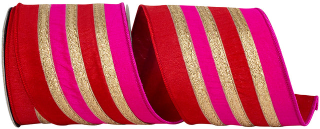 4" x 5 YDS Stripe Trimming Overlay Red/Fuchsia Dupioni Deluxe Ribbon