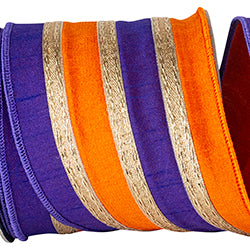 4 inch 5 yards Stripe Trimming Overlay Wired Ribbon, Orange & Purple
