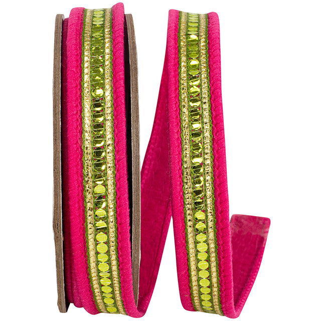 5/8"X5YDS Sequin Trimming Fuchsia & Lime Striped Edge Dupioni Deluxe Ribbon