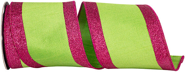 4"X5YDS Citrus&Fuchsia Glitter Striped Edging Dupioni Deluxe Wired Edge Ribbon
