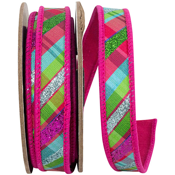 7/8 Fuschia | Bright Plaid | Glitter Diagonal | Wired Edge Ribbon | 5 Yards