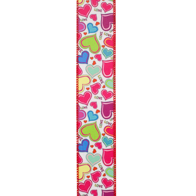 1.5" Multi-Color Hearts & Love Twill Wired Ribbon | 10 Yards