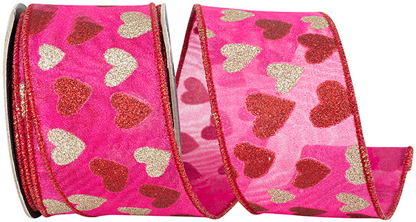 2.5" Glitter Hearts Silk Mesh Deluxe Wired Edge Ribbon l 10 Yards