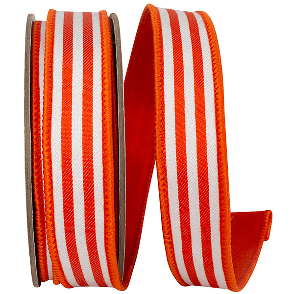 1"X10YDS Orange&White Striped Twill Deluxe Dupioni Backed Wired Ribbon
