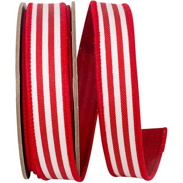 1"X10YDS Red&White Striped Twill Deluxe Dupioni Backed Wired Ribbon
