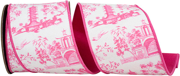 4"X5YDS Pink&White Asian Vista Chinoiserie Deluxe Wired Ribbon