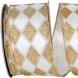 2.5" x 10 YDS Glitter Diamond Outlines Deluxe Satin Wired Edge | White & Gold