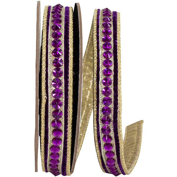 5/8"X5YDS Purple&Gold Jeweled Center Plush Velvet Deluxe Metallic Dupioni Backed Wired Ribbon