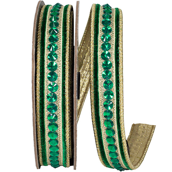 1" x 5YD Jeweled Center Velvet Wired Ribbon | Green & Gold