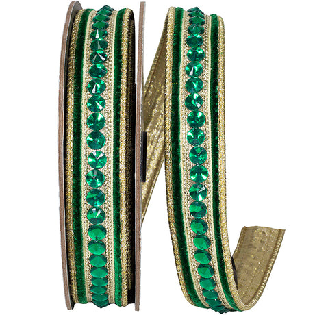 1 inch x 5 yards Jeweled Center Velvet Wired Ribbon, Green & Gold