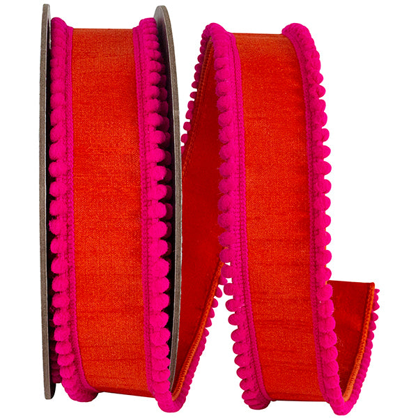 1.5" x5YDS Orange & Fuchsia Mini Pom Pom Edge Trimming | Dupioni Deluxe | Wired Ribbon