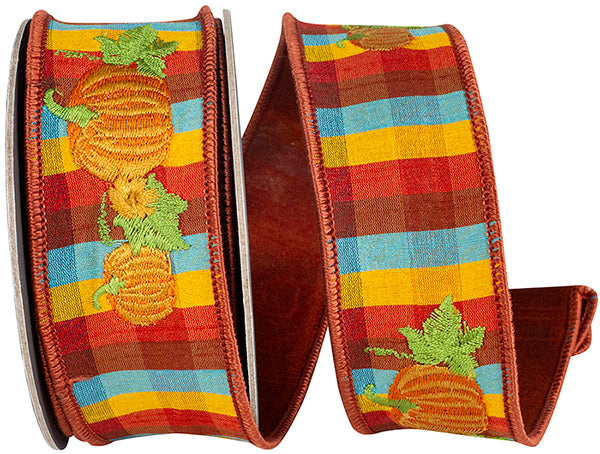 1.5"x5YDS Pumpkin Embroidery Tonal Plaid Deluxe Dupioni Backed Ribbon
