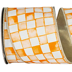 4"x10YDS Vintage Check Gold Back Dupioni Deluxe | Wired Edge Ribbon | Orange & White