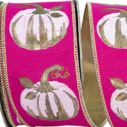 2.5 inch x 10 yards White Gilded Pumpkin Wired Ribbon, Hot Pink