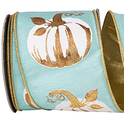 4" x 10 YDS Gilded Pumpkin Deluxe Ribbon | Teal, White, Gold