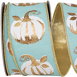 2.5" x 10 YDS White Gilded Pumpkin Deluxe Wired Edge Ribbon | Teal
