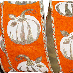 2.5" x 10YD White Gilded Pumpkin Wired Ribbon | Bright Orange