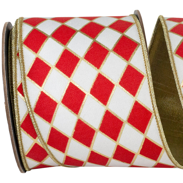 4"x10 YDS Harlequin Solid Diamond Gilded Deluxe Ribbon | Red & White