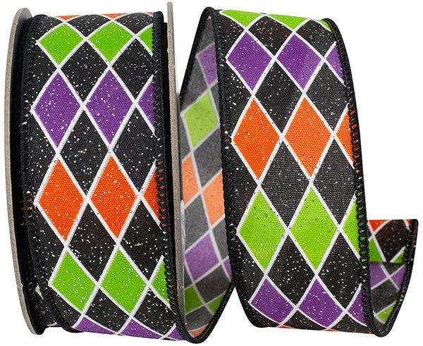1.5" x 10 YDS Halloween Diamond Glitter Wired Ribbon | Black, Lime Green, Purple, & Orange