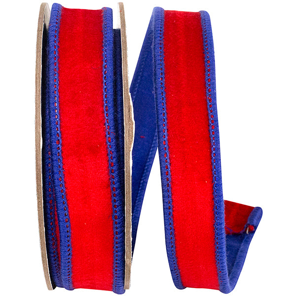 7/8" Red  | Blue Velvet | Deluxe Dupioni | Wired Edge Ribbon | 5 Yards