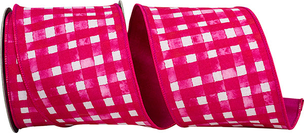 4"X10YDS Hot Pink Watercolor Check Deluxe Dupioni Backed Wired Edge Ribbon