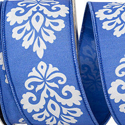 2.5" x 10YD Nonnie Filigree Dupioni Wired Ribbon | Blue & White