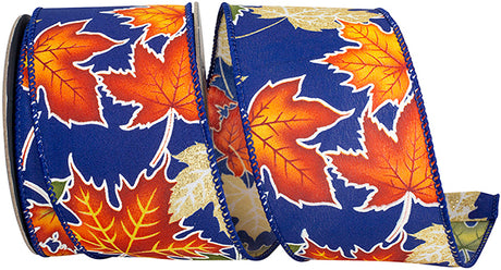 2.5 inch x 10 yards Autumn Leaves Glitter Wired Ribbon, Blue
