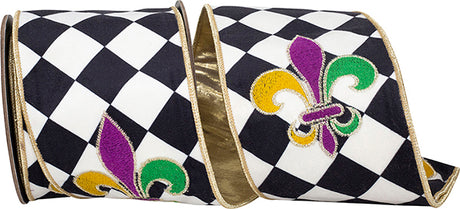 4 inchx5yd Fleur de Lis Embroidery Harlequin Velvet Wired Ribbon
