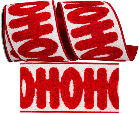 4 inch x 5Yd Ho Ho Ho Embroidery Textured Dupioni Wired Ribbon