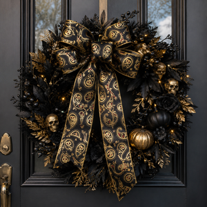 2.5" x 10yd Faux Satin Paisley Skeleton Ribbon – Black & Gold