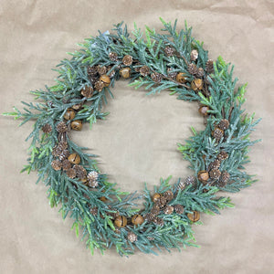 20” Frosted Evergreen Winter Wreath with Bells and Mini Cones