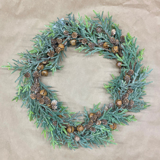 20” Frosted Evergreen Winter Wreath with Bells and Mini Cones