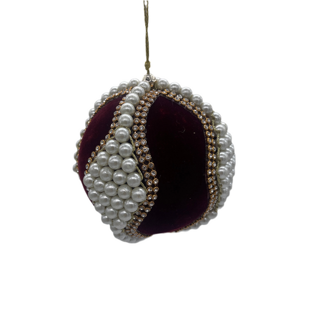 4" Burgundy Velvet with Pearl/Jewel Ball Ornament