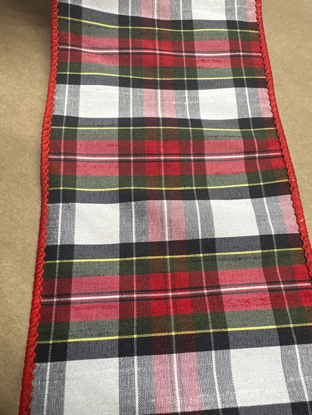 4" Black| Red| White| Green Plaid Wired Edge Ribbon- 10 Yards
