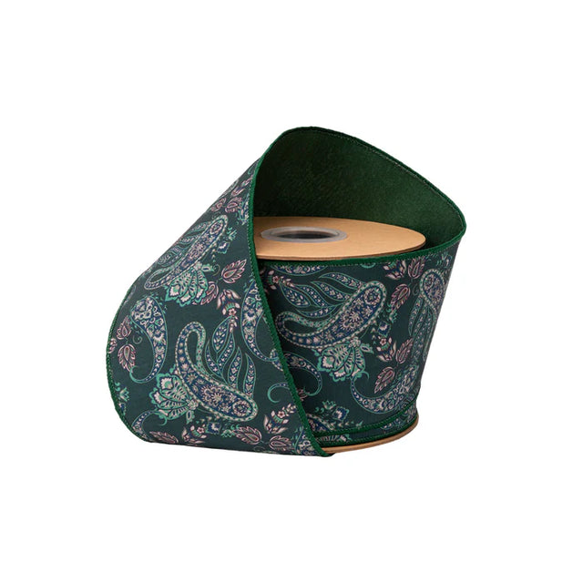 4" x 10 Yards Paisley Earthtones with Green Backing Dupioni Ribbon