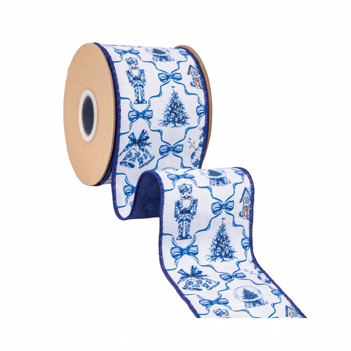 4" x 10YDS Christmas Icons & Bows with Blue Backing Ribbon