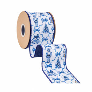 4" x 10YDS Christmas Icons & Bows with Blue Backing Ribbon