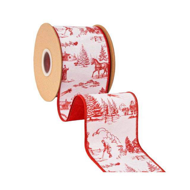 4" x 10 Yards Red Christmas Toile with Red Backing Ribbon