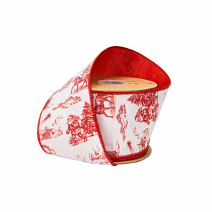 4" x 10 Yards Red Christmas Toile with Red Backing Ribbon