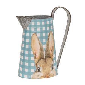 10.5" Blue & White Gingham Check Peeking Bunny Metal Pitcher