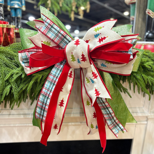 20" Pine & Plaid Cozy Christmas Bow | Handtied Designer Bow