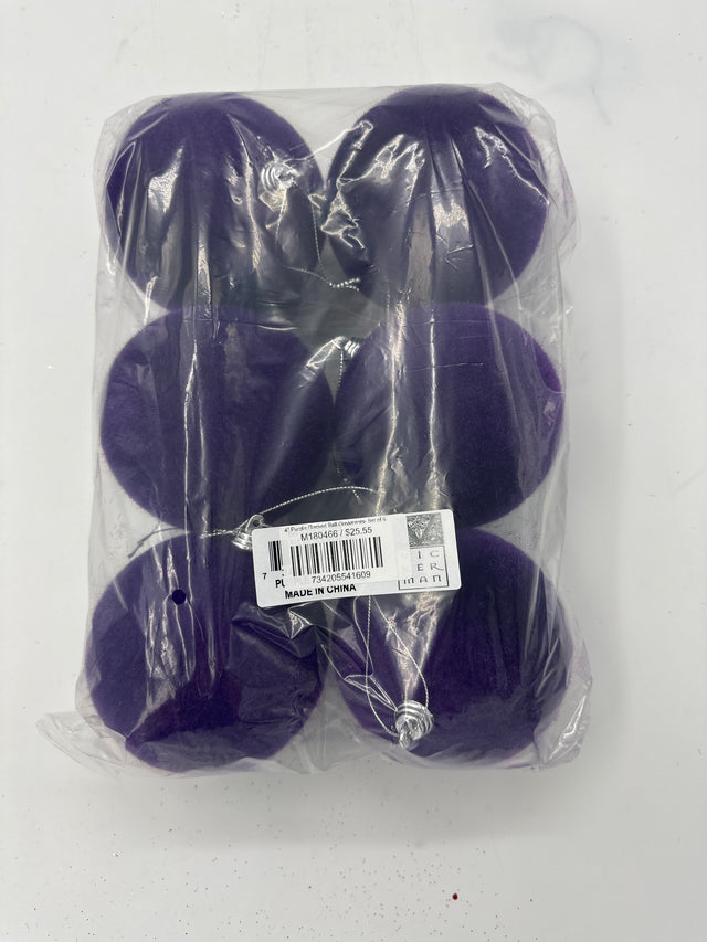 4" Purple Flocked Ball Ornaments |Set of 6