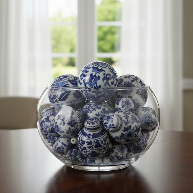 4" Blue & White Chinoiserie Porcelain Ball | Three Styles Available
