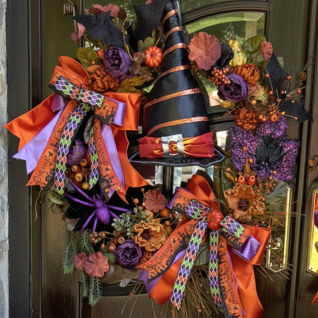 Halloween wreath with a black witch hat and colorful ribbons on a door.