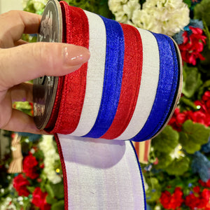 4"X5YDS Patriotic Metallic Stripes Deluxe Dupioni Backed Wired Edge Ribbon