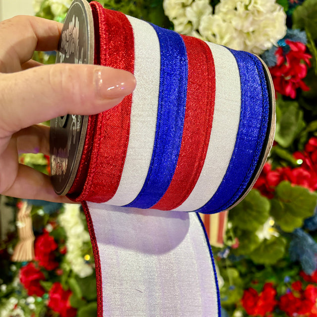 4"X5YDS Patriotic Metallic Stripes Deluxe Dupioni Backed Wired Edge Ribbon