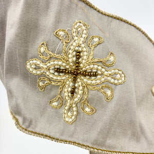 4" Platinum | White Embroidery | Beaded Cross | Faux Dupioni Ribbon- 5 Yards